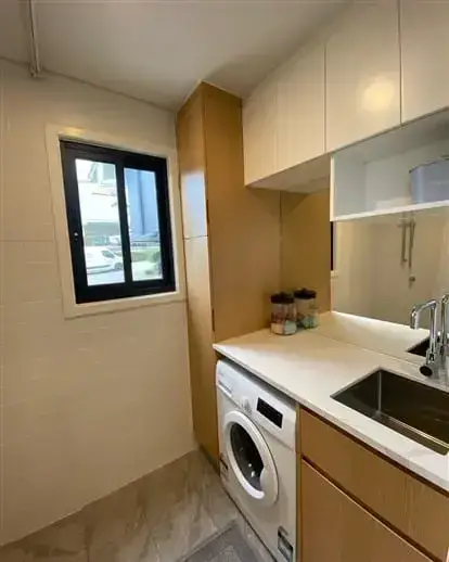 Container home kitchen with a washing machine