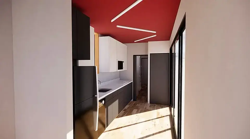Interior of a modular home made out of a sea container.
