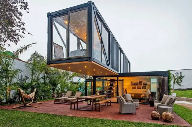 A container house with a covered patio