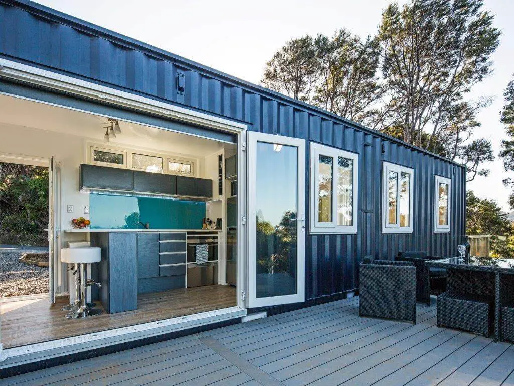 container home with a large deck space