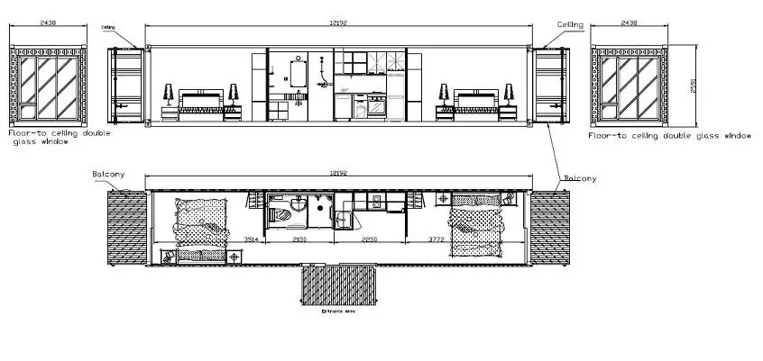 2 bedroom 40 foot shipping container home floor plan