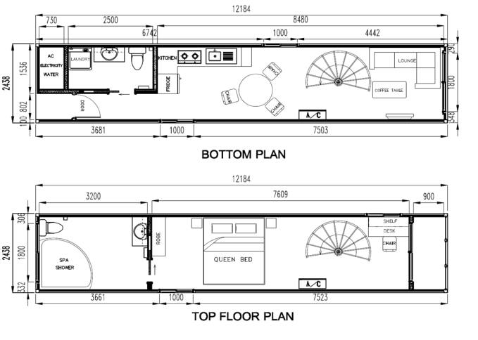 A two-storey 40 foot shipping container home floor plan