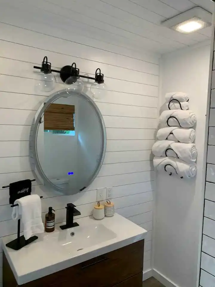 Bathroom of a modern shipping container home in McArthur, Ohio, United States