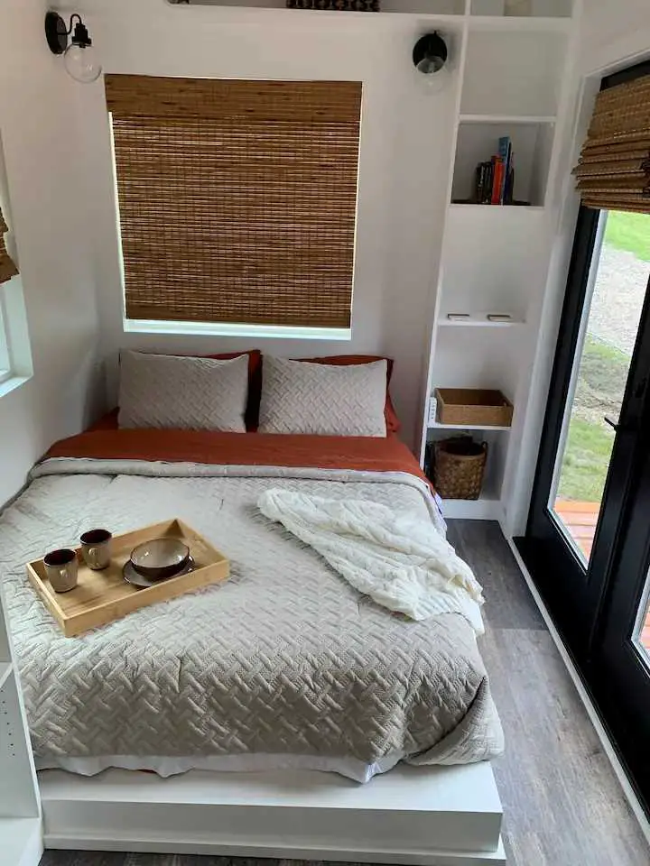 Bedroom of a modern shipping container home in McArthur, Ohio, United States