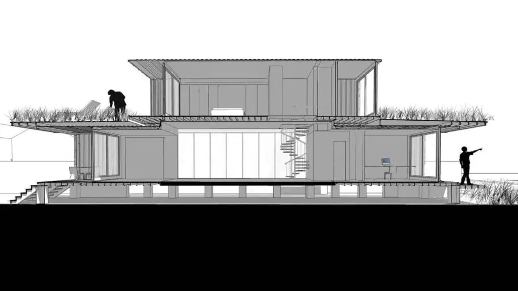 Cross sectional view of Shotgun container home in New Orleans, Louisiana