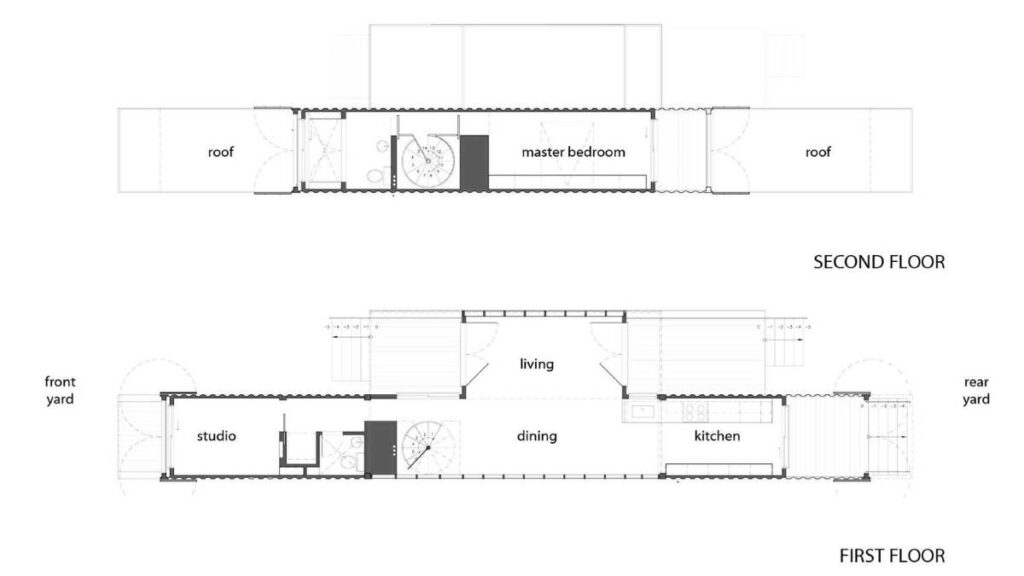 Floor plan rendering of Shotgun container home in New Orleans, Louisiana