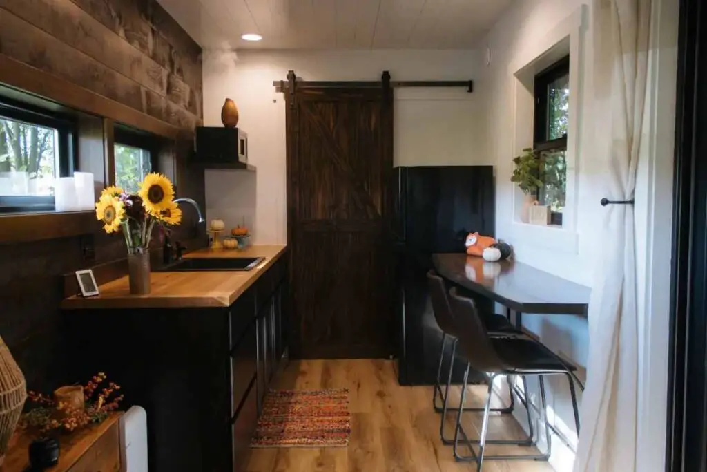 Kitchen area of one bedroom shipping container home in Dalton, Ohio