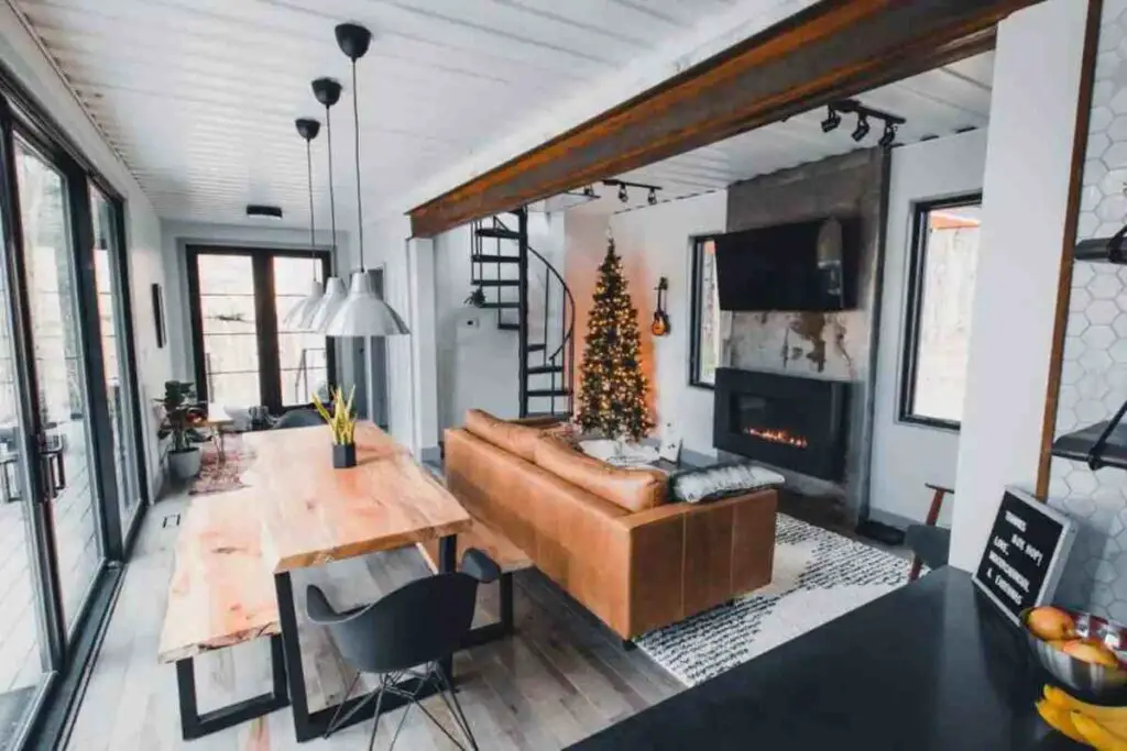 Living room of The Box Hop - Hocking Hills shipping container home in Rocbridge, Ohio, United States