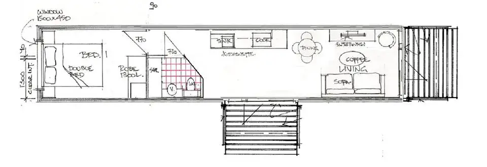 One bedroom 40 foot shipping container home floor plan