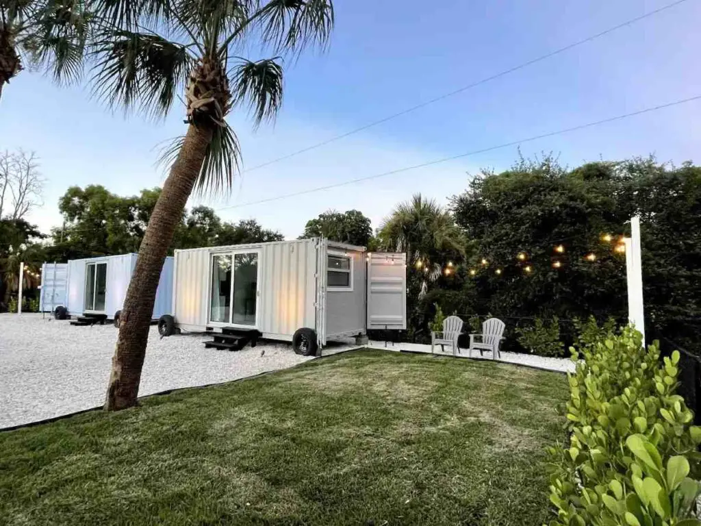outside view of 20ft shipping container home in Jensen beach, Florida