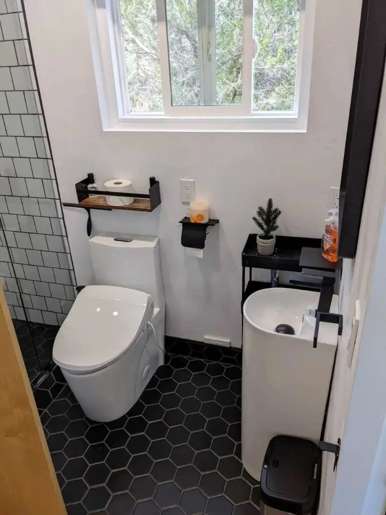 Full bathroom in a 40 foot shipping container home in Heber-Overgaard, Arizona, United States