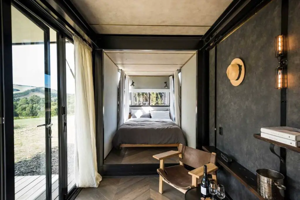 Bedroom of Wine Down pop-ip shipping container hotel, Victoria, Australia