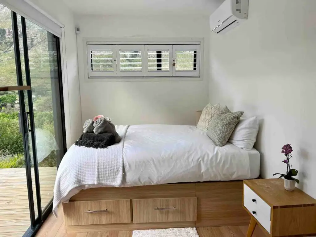 Bedroom of a shipping container home in Stellenbosch, Western Cape, South Africa