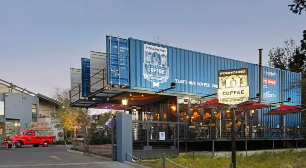 Cantilevered shipping container coffee shop in Johannesburg