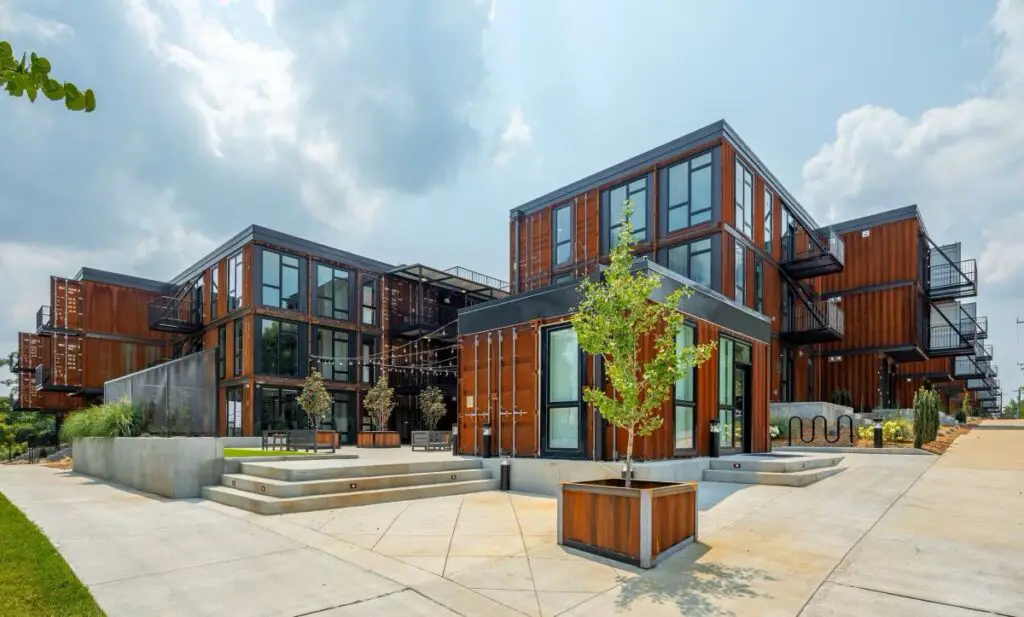 Courtyard of 83 Freight Shipping Container Apartments in Nashville, Tennessee