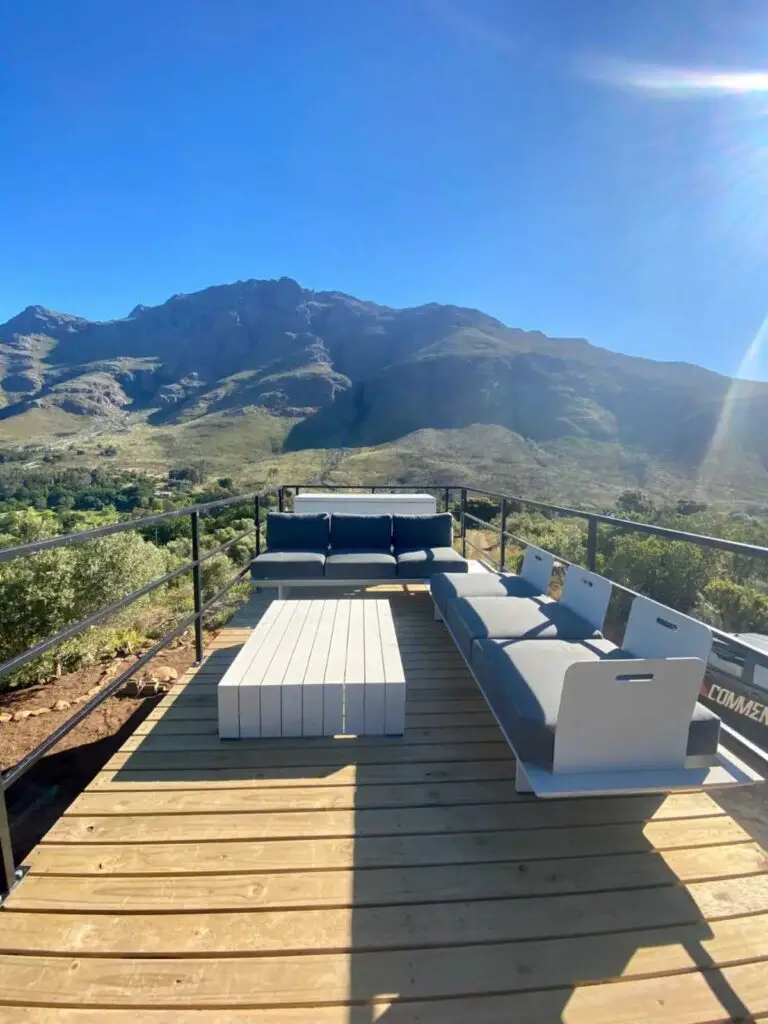Deck area of shipping container home in Stellenbosch, Western Cape, South Africa