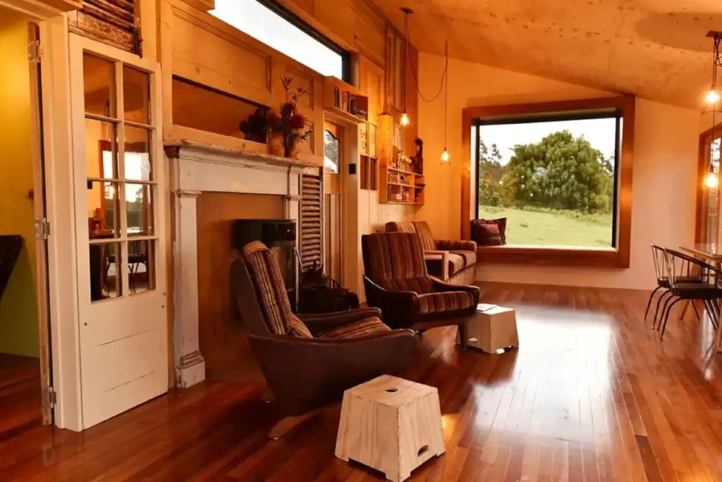 Living area of a shipping container home in Lilydale, Tasmania, Australia