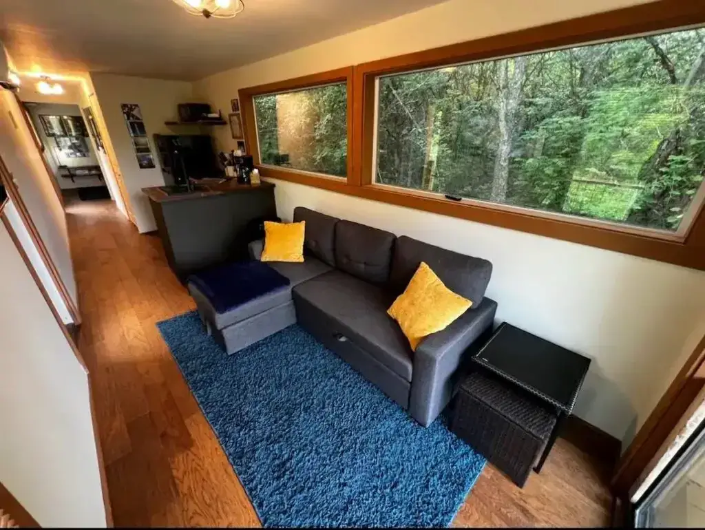 Living room of container home in Acme, Pennsylvania, United States