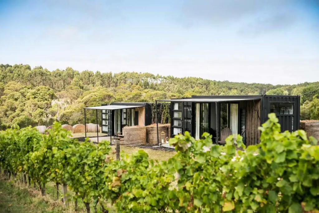 View of vast vineyard on Wine Down Pop-Up Hotel, Victoria