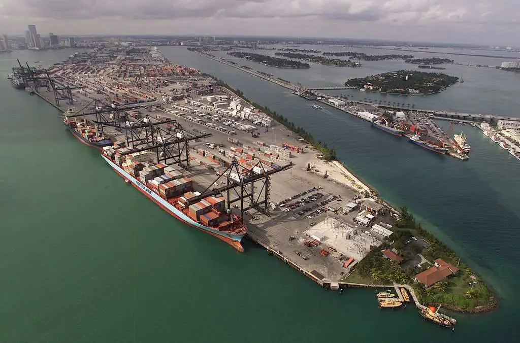 An aerial photograph of one of Florida container ports - the port of Miami