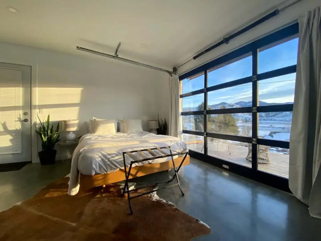 Bedroom of a shipping container home in Kamloops, British Columbia, Canada