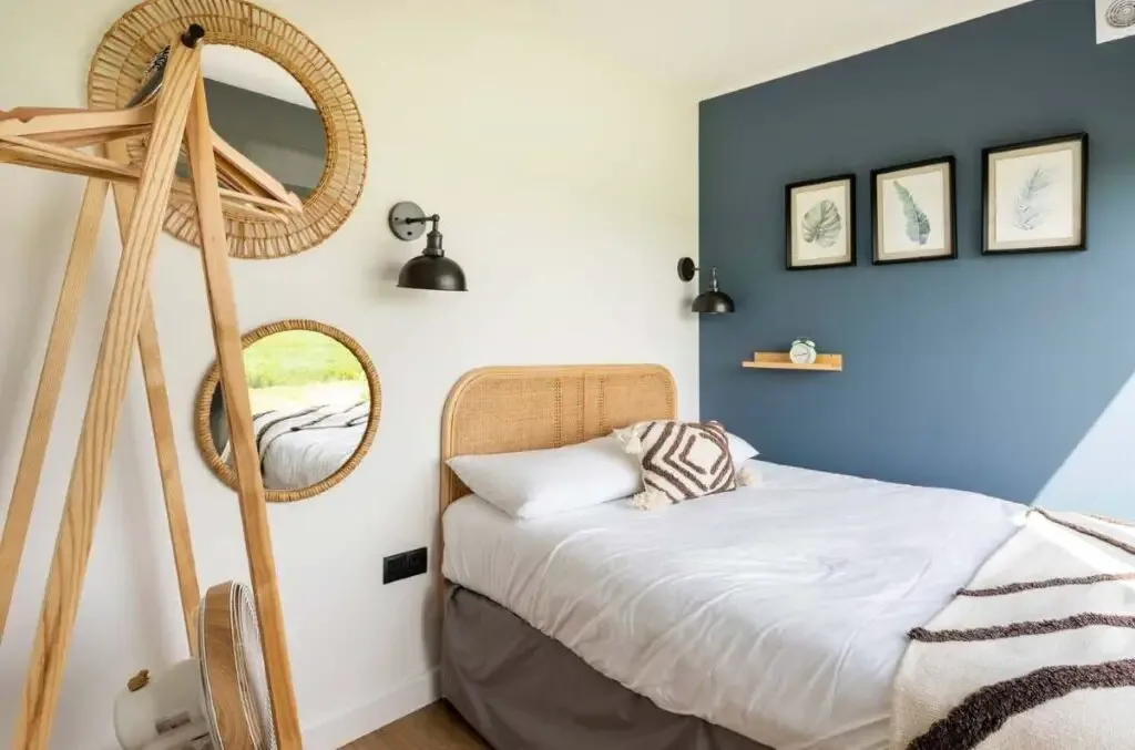 Bedroom of a shipping container home in North Yorkshire, UK
