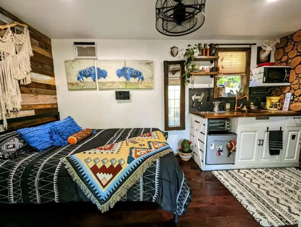 Bedroom of a shipping container home in Tampa, Central Florida, United States
