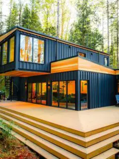 Front view of a shipping container cabin in Monroe, Washington, United States
