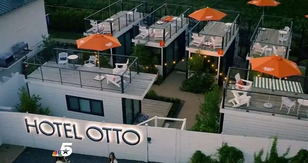 Aerial view of Luxury Shipping Container Hotel Otto in Fort Worth Texas, United States