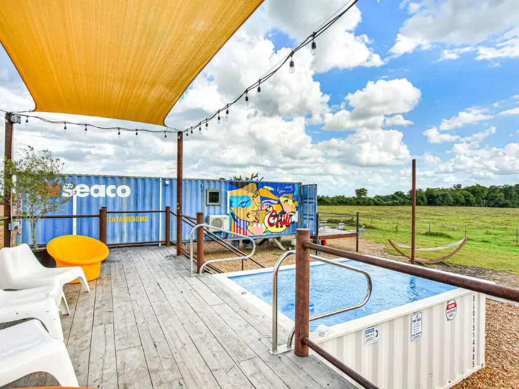 Container pool in Flophouze shipping container hotel in Texas