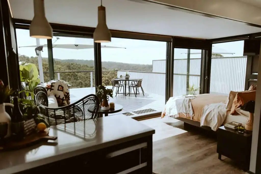 Living area of a shipping container home in Lorne, New South Wales, NSW, Australia