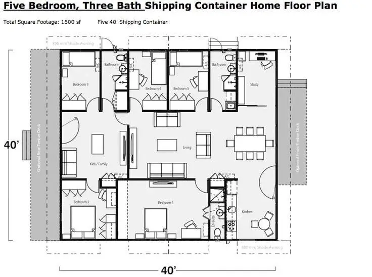 5 bedroom three bath shipping container home floor plan