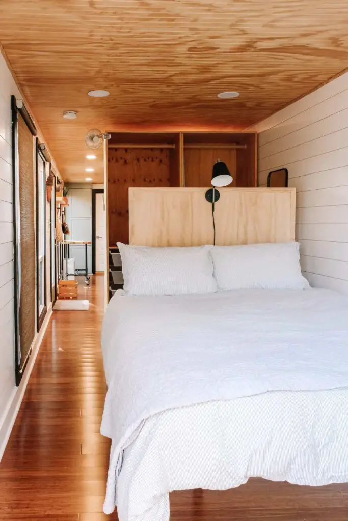 Bedroom in a shipping container home in Raleigh, North Carolina, United States