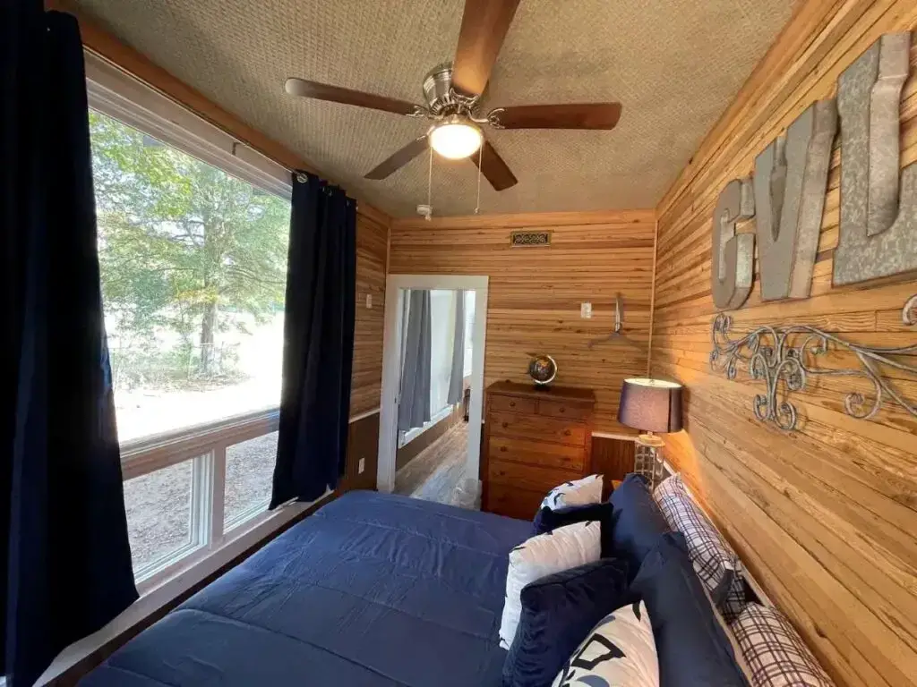 Bedroom of a shipping container in Greenville, South Carolina, US