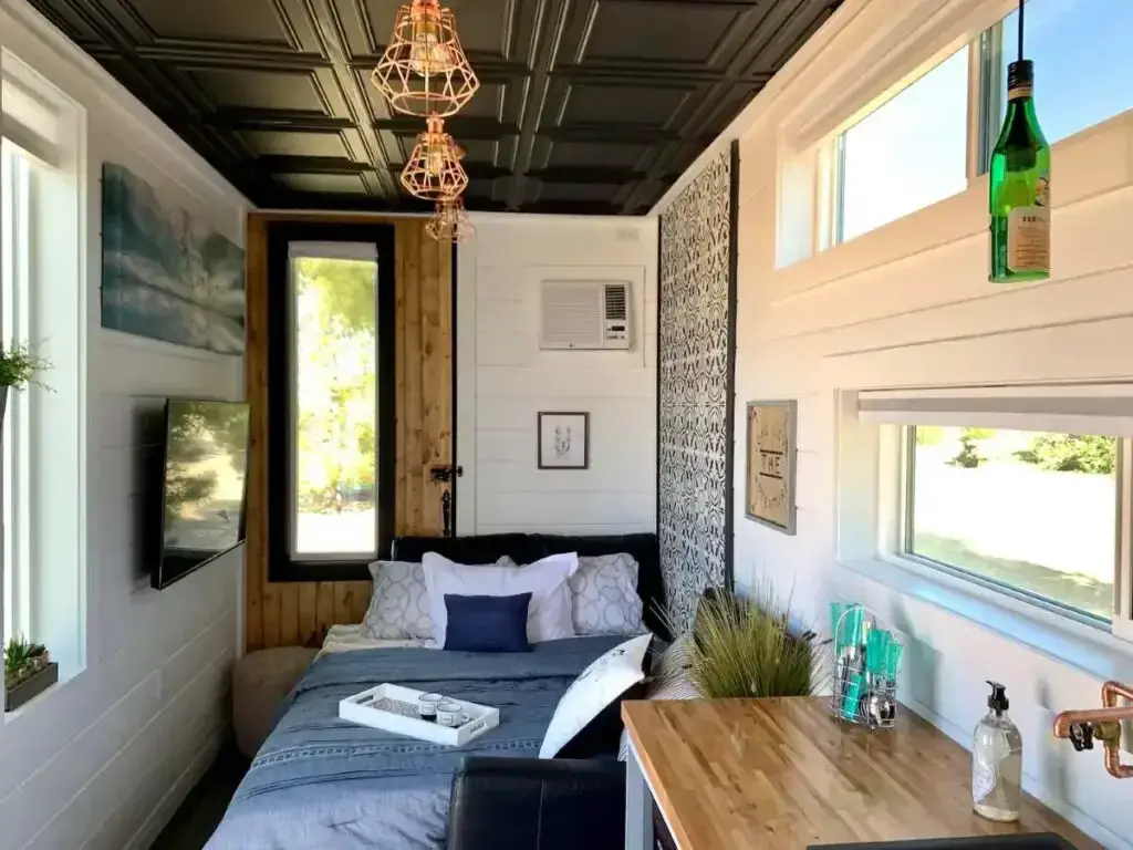 Living area in a shipping container home in Joshua Tree, California