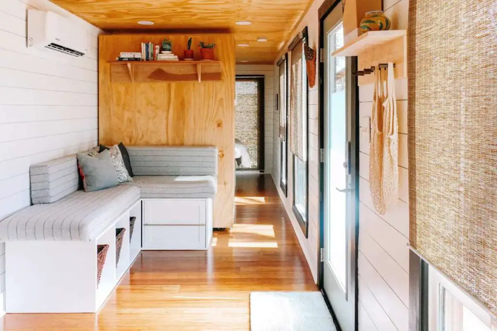Living room in a shipping container home in Raleigh, North Carolina, United States
